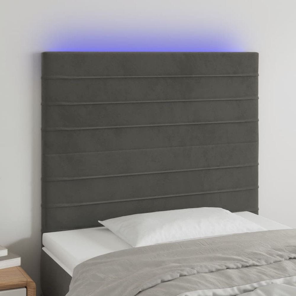 Vidaxl Čelo postele s LED tmavosivé 80x5x118/128 cm zamat